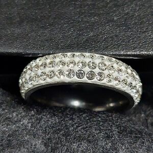 Eternity White Enamel Round Pave' Clear Lab CZ Steel Band Ring Snug Fit Size 8